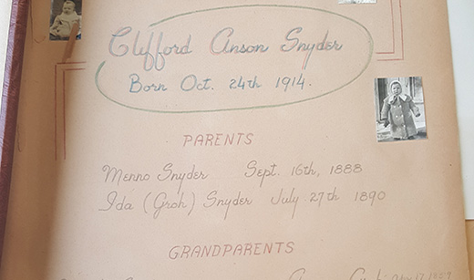 A photo from a scrapbook in the Clifford Snyder (Carrie’s grandfather and Mennonite missionary) fonds at the Mennonite Archives of Ontario. The scrapbook dates from around 1947, and was created by Clifford's sisters, to memorialize his life and death.